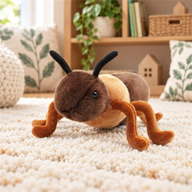 Illustrative application scene featuring crawling brown ant plush toy; setting is a concept.