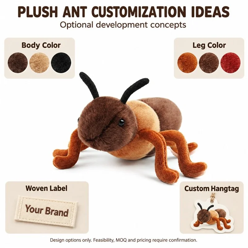 Customization concept for crawling brown ant plush toy; feasibility and sample approval required.