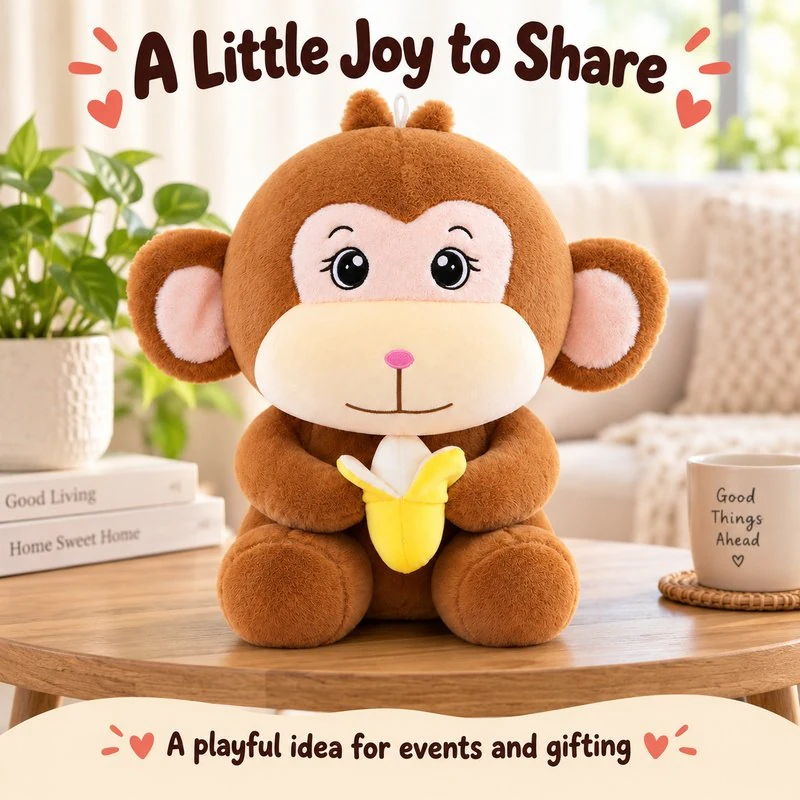 Illustrative application scene featuring brown banana monkey plush; setting is a concept.
