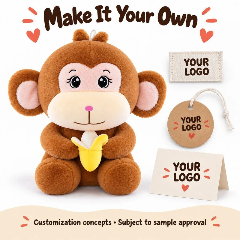 Customization concept for brown banana monkey plush; feasibility and sample approval required.