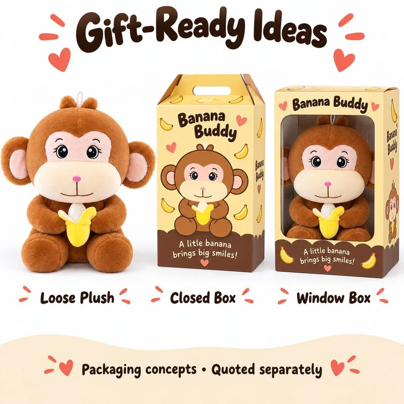 Brown Banana Monkey Plush — optional packaging concept; final artwork, fit and quotation require confirmation.