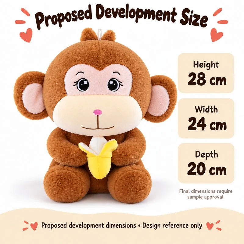 Brown Banana Monkey Plush — proposed size reference; dimensions require sample confirmation.