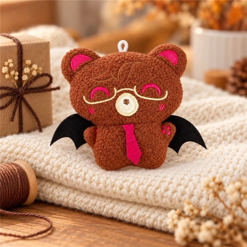 Illustrative application scene featuring brown bat bear plush charm; setting is a concept.