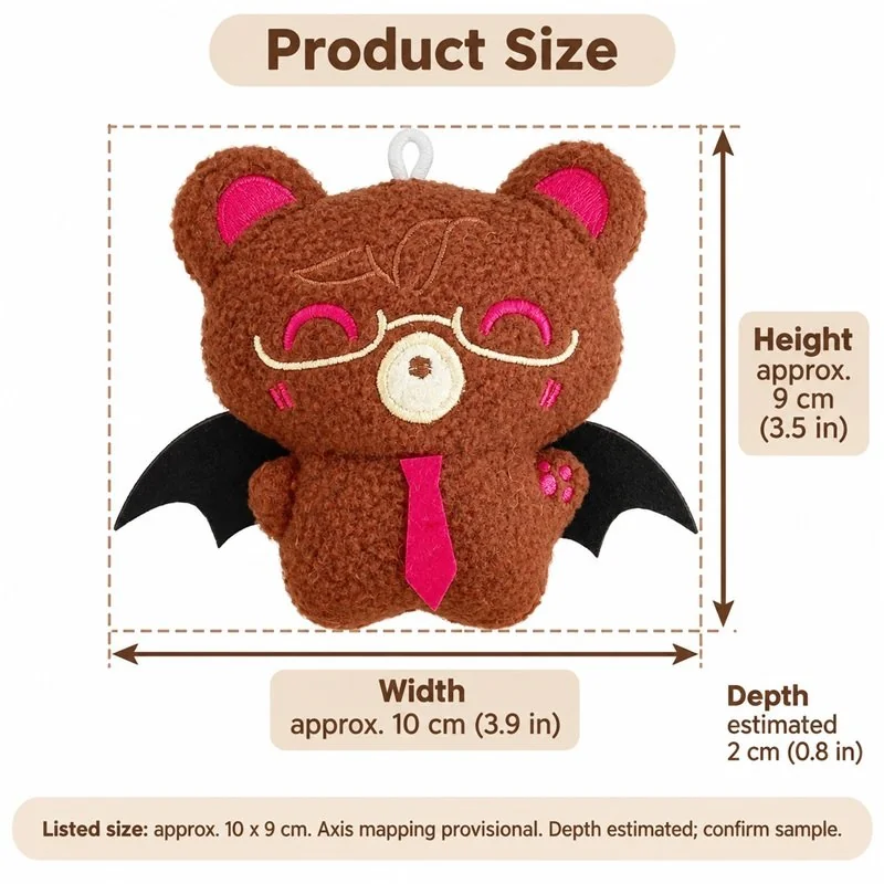 Brown Bat Bear Plush Charm — proposed size reference; dimensions require sample confirmation.