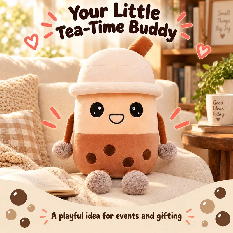 Illustrative application scene featuring brown boba tea cup with feet plush; setting is a concept.