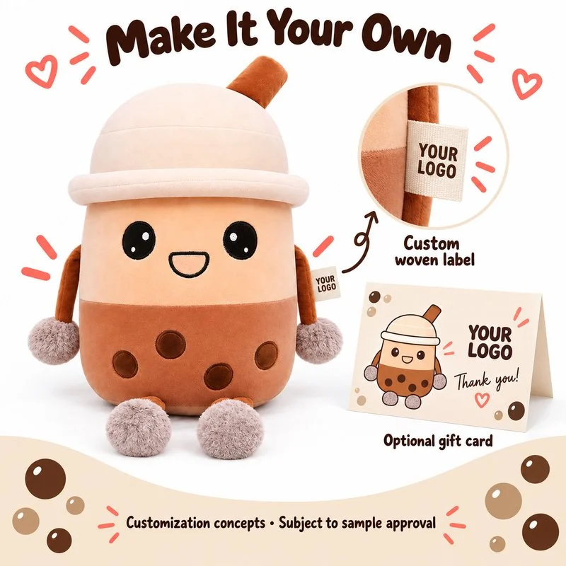 Customization concept for brown boba tea cup with feet plush; feasibility and sample approval required.