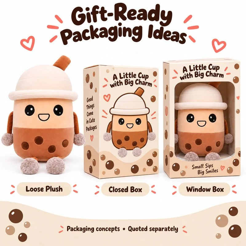 Brown Boba Tea Cup With Feet Plush — optional packaging concept; final artwork, fit and quotation require confirmation.