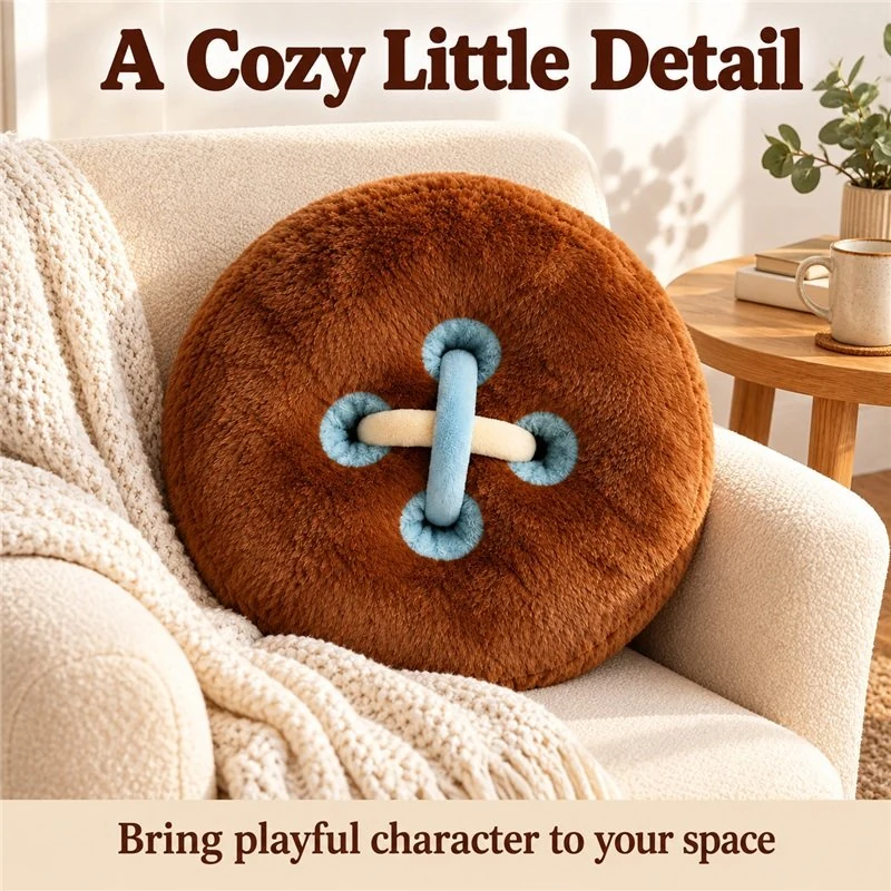 Illustrative application scene featuring brown button plush cushion; setting is a concept.