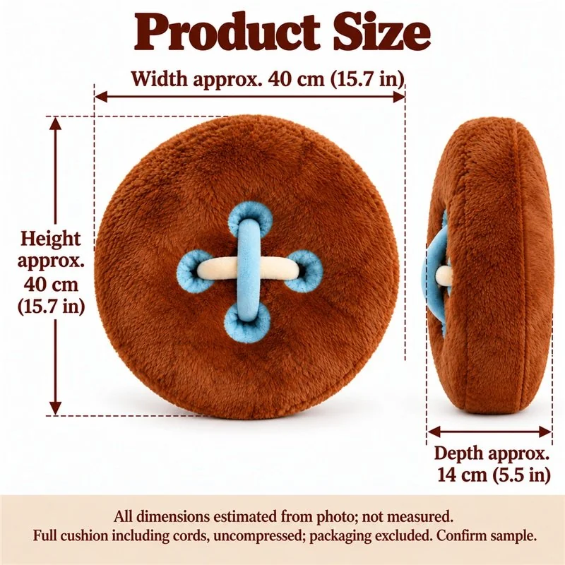 Brown Button Plush Cushion — proposed size reference; dimensions require sample confirmation.