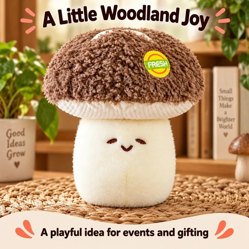 Illustrative application scene featuring brown cap mushroom plush; setting is a concept.