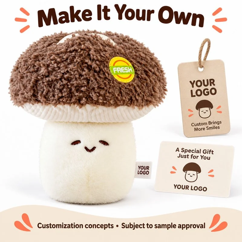 Customization concept for brown cap mushroom plush; feasibility and sample approval required.