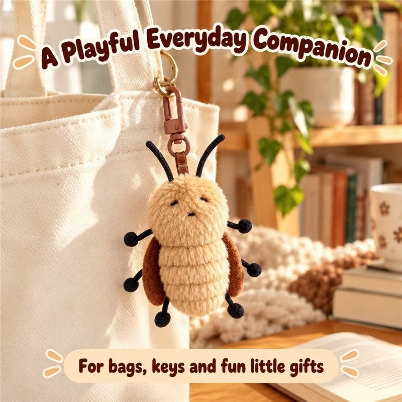 Illustrative application scene featuring brown cockroach plush keychain; setting is a concept.