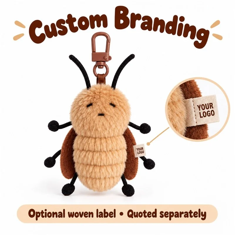 Customization concept for brown cockroach plush keychain; feasibility and sample approval required.