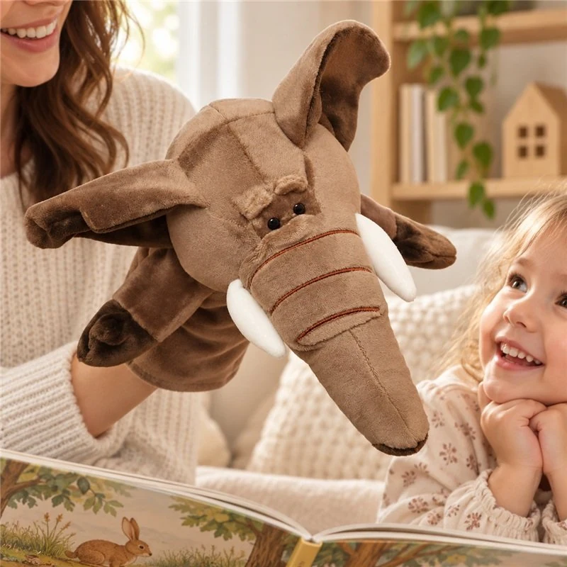 Illustrative application scene featuring brown elephant hand puppet; setting is a concept.