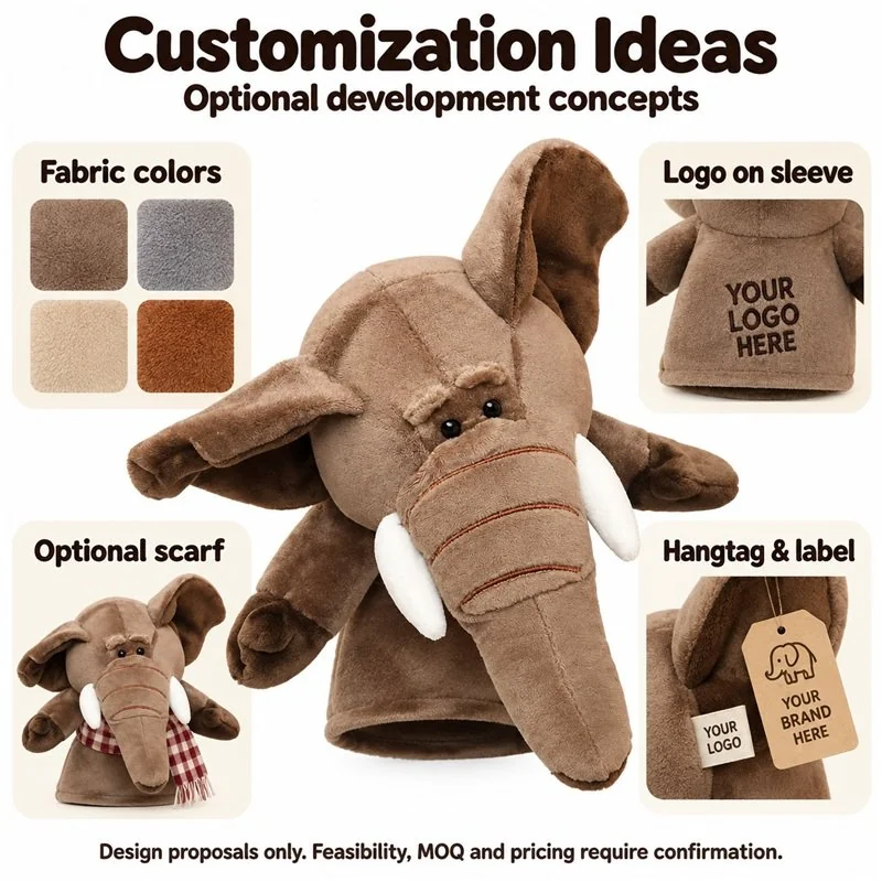 Customer-logo concept for brown elephant hand puppet, showing proposed sleeve logo, hangtag and label options; feasibility and sample approval required.