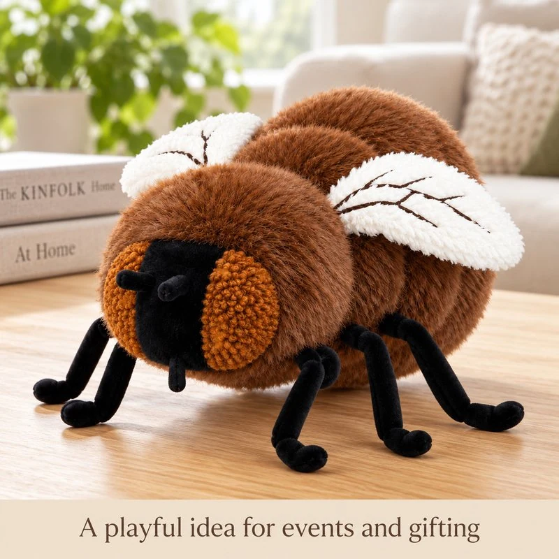 Illustrative application scene featuring brown fly plush toy; setting is a concept.