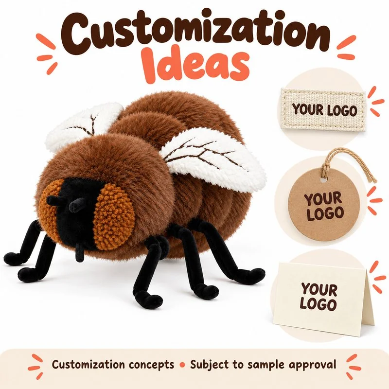 Customization concept for brown fly plush toy; feasibility and sample approval required.