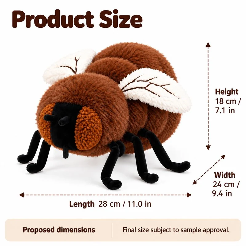 Brown Fly Plush Toy — proposed dimensions — confirm with sample