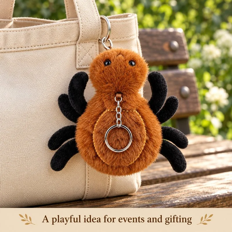 Illustrative application scene featuring brown forest spider plush bag charm; setting is a concept.
