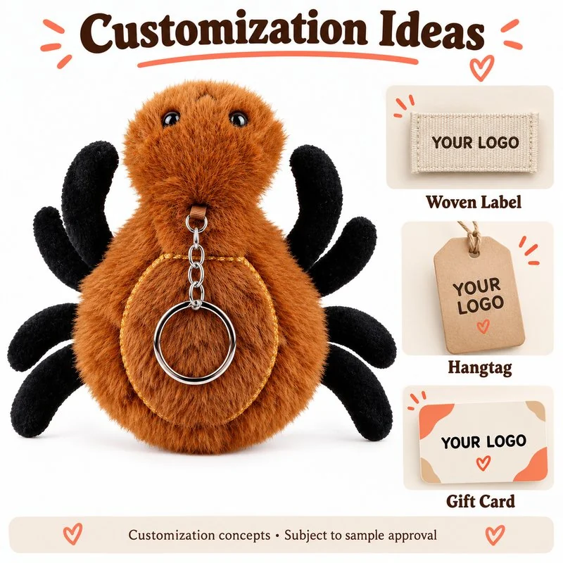 Customization concept for brown forest spider plush bag charm; feasibility and sample approval required.