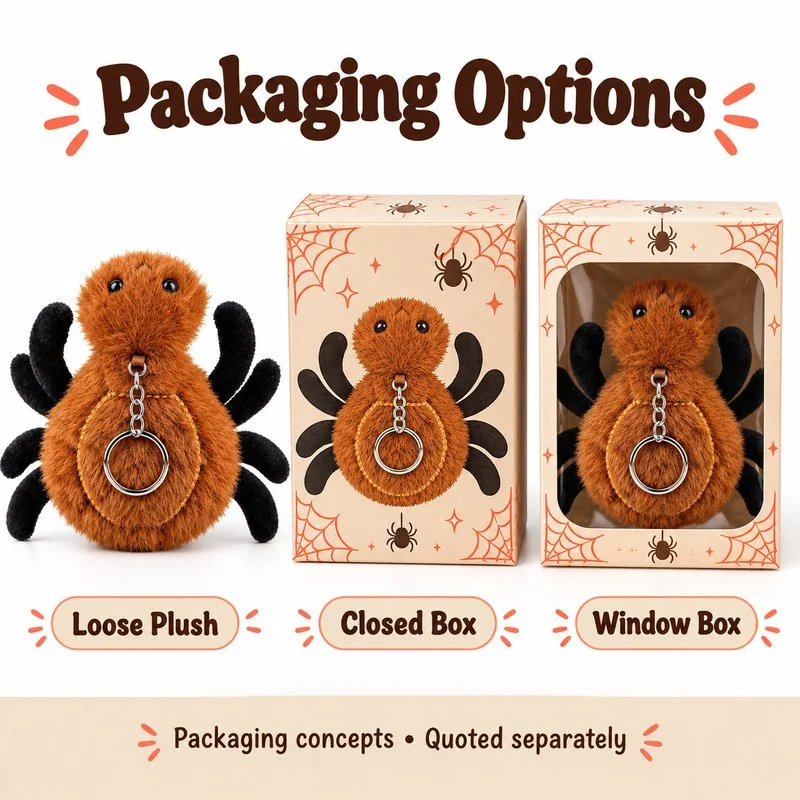 Brown Forest Spider Plush Bag Charm — optional packaging concept; final artwork, fit and quotation require confirmation.