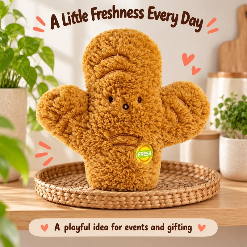 Illustrative application scene featuring brown ginger root plush; setting is a concept.