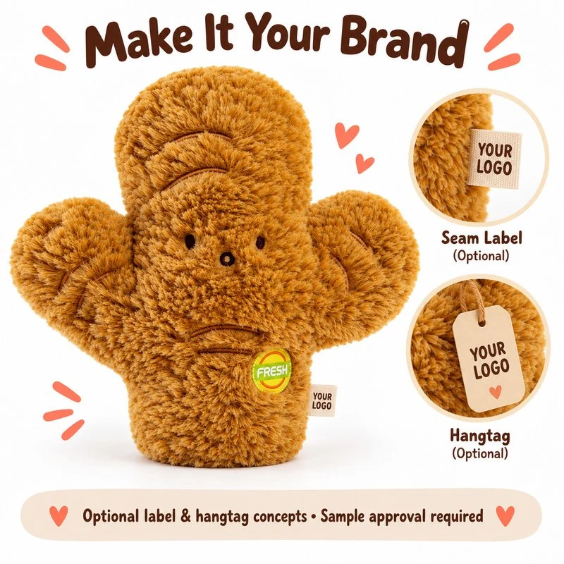 Customization concept for brown ginger root plush; feasibility and sample approval required.