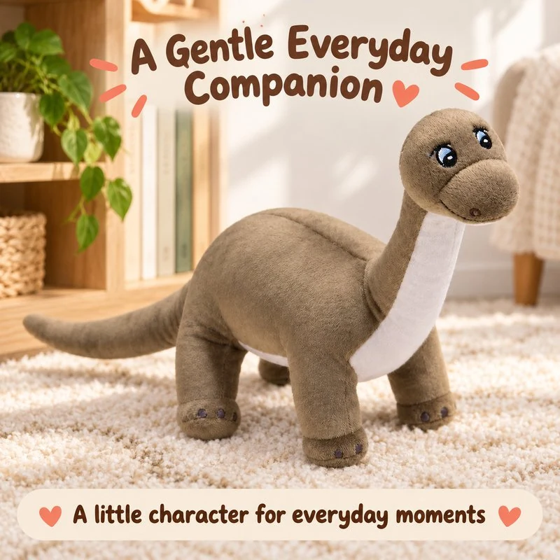 Illustrative application scene featuring brown long neck dinosaur plush; setting is a concept.