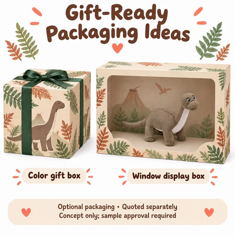 Brown Long Neck Dinosaur Plush — optional packaging concept; final artwork, fit and quotation require confirmation.