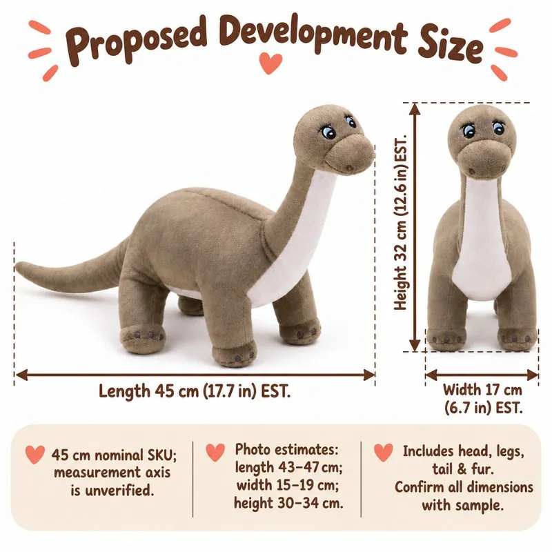 Brown Long Neck Dinosaur Plush — proposed size reference; dimensions require sample confirmation.