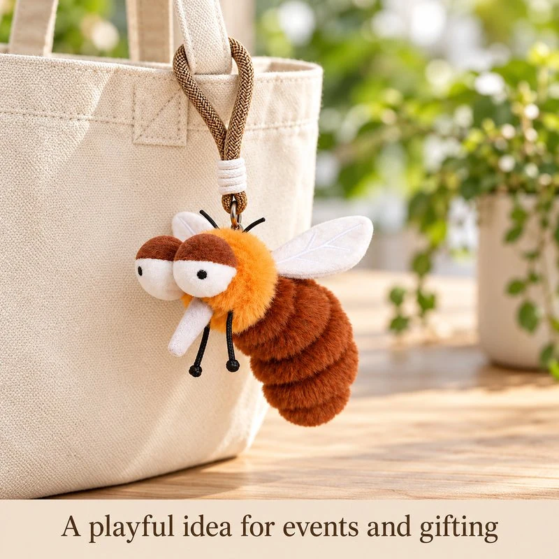 Illustrative application scene featuring brown mosquito plush keychain; setting is a concept.