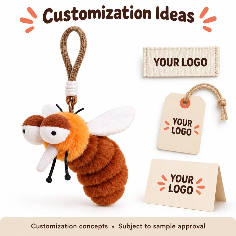 Customization concept for brown mosquito plush keychain; feasibility and sample approval required.