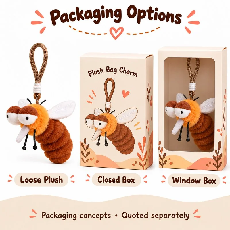 Brown Mosquito Plush Keychain — optional packaging concept; final artwork, fit and quotation require confirmation.