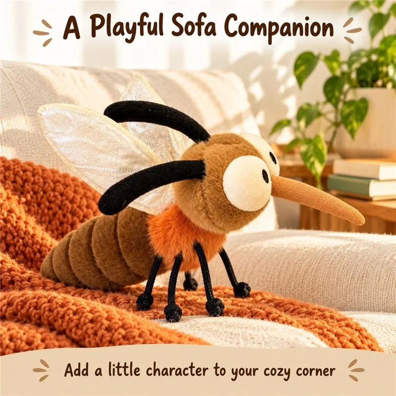 Illustrative application scene featuring brown mosquito plush pillow; setting is a concept.