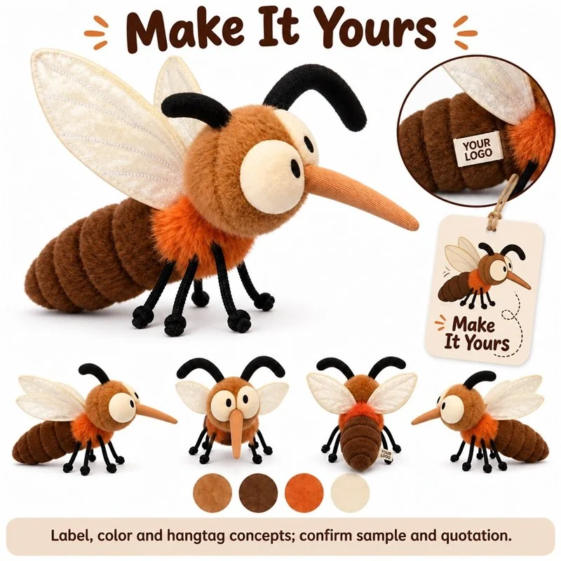 Customization concept for brown mosquito plush pillow; feasibility and sample approval required.