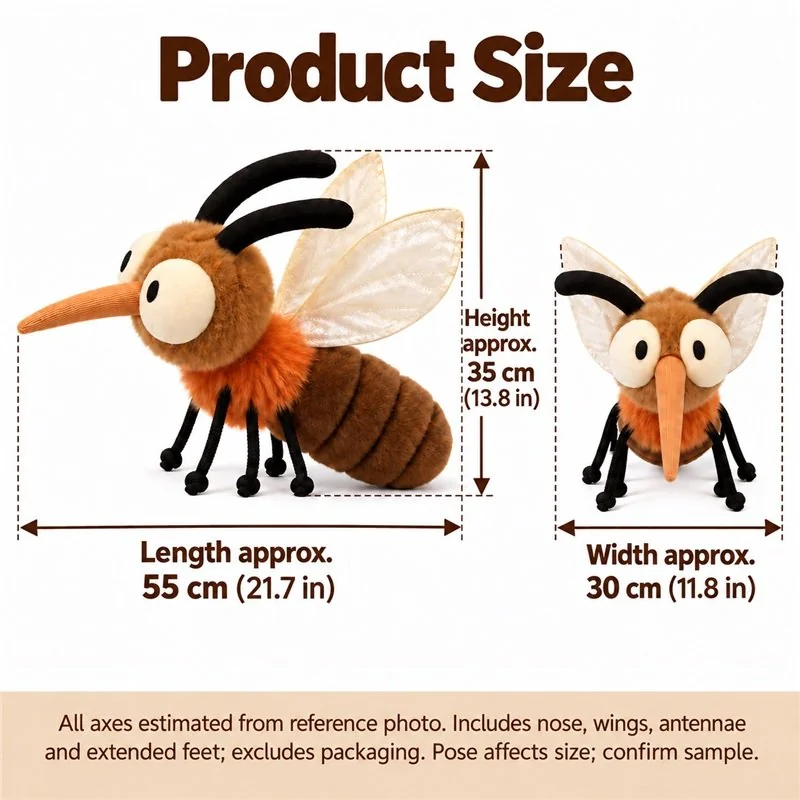 Brown Mosquito Plush Pillow — proposed size reference; dimensions require sample confirmation.