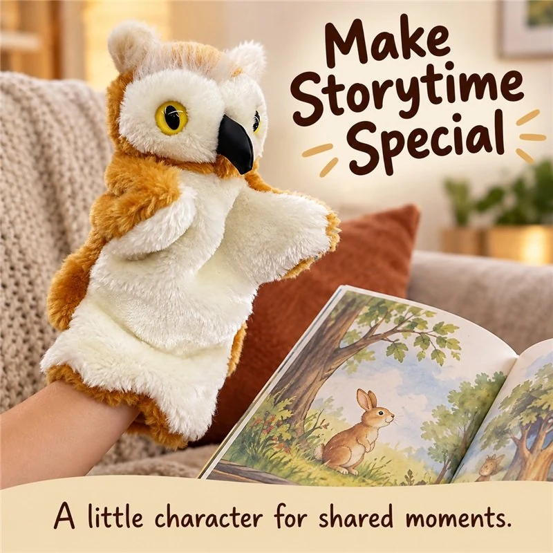 Illustrative application scene featuring brown owl hand puppet; setting is a concept.