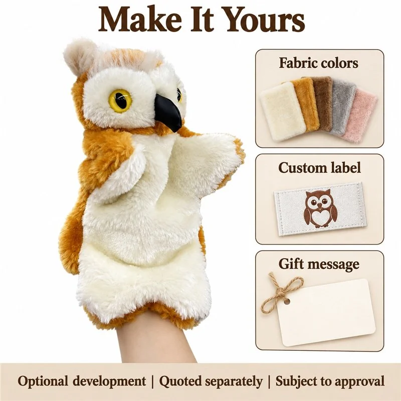 Custom-label concept for brown owl hand puppet, showing a proposed fabric label and gift-message option; sample approval required.