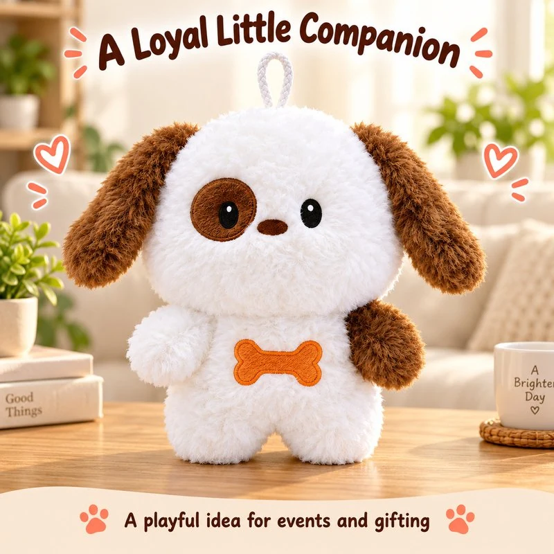 Illustrative application scene featuring brown patch bone puppy plush; setting is a concept.