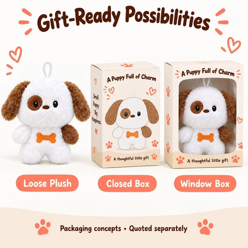 Brown Patch Bone Puppy Plush — optional packaging concept; final artwork, fit and quotation require confirmation.