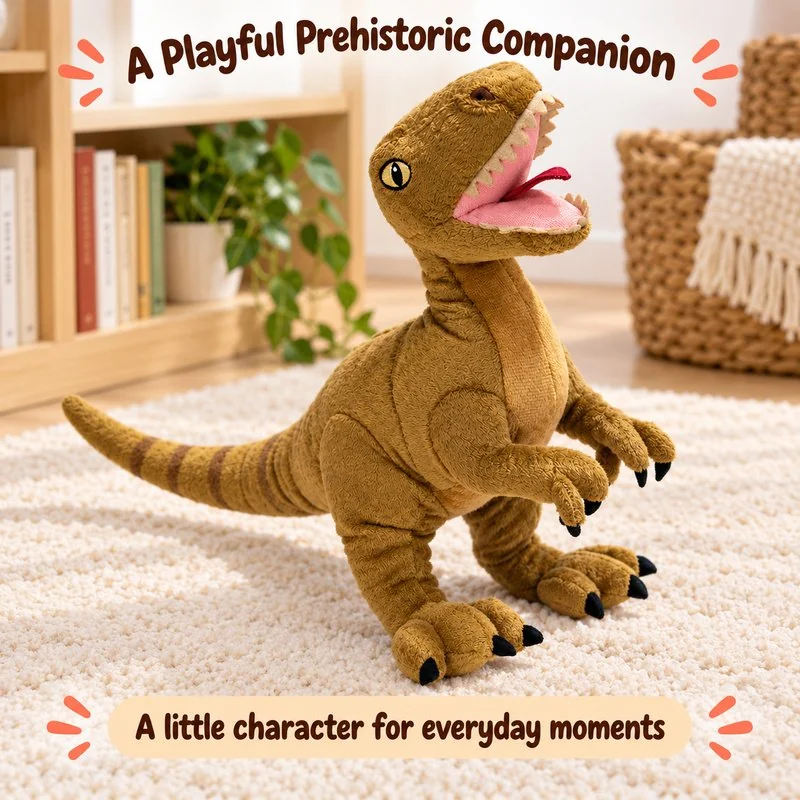 Illustrative application scene featuring brown raptor dinosaur stuffed animal; setting is a concept.