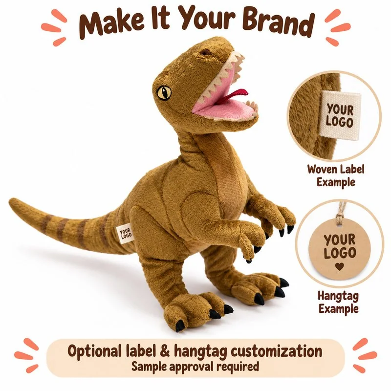 Customization concept for brown raptor dinosaur stuffed animal; feasibility and sample approval required.
