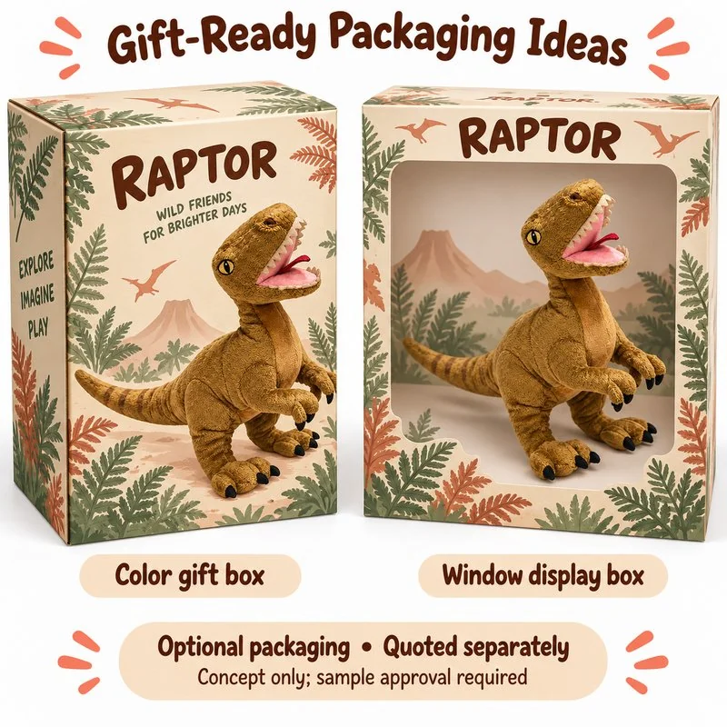 Brown Raptor Dinosaur Stuffed Animal — optional packaging concept; final artwork, fit and quotation require confirmation.