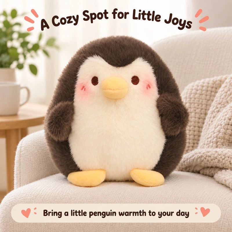 Illustrative application scene featuring brown cream belly penguin plush; setting is a concept.