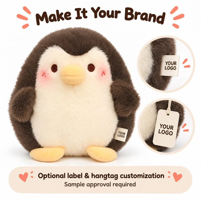 Customization concept for brown cream belly penguin plush; feasibility and sample approval required.