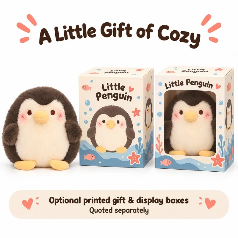 Brown Cream Belly Penguin Plush — optional packaging concept; final artwork, fit and quotation require confirmation.