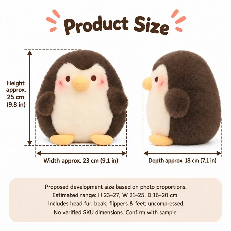 Brown Cream Belly Penguin Plush — proposed size reference; dimensions require sample confirmation.