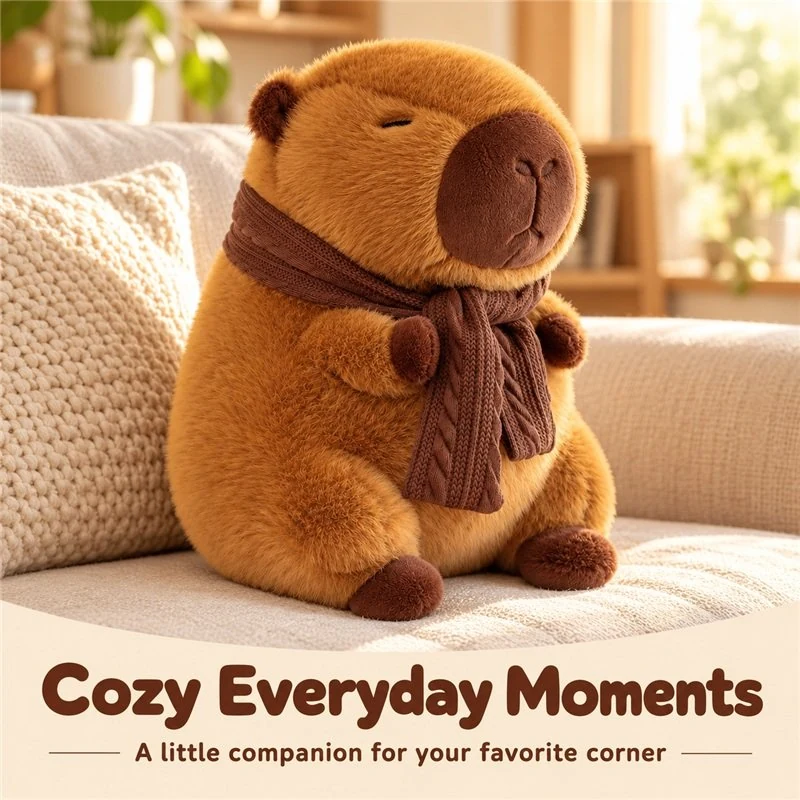 Illustrative application scene featuring brown scarf capybara plush; setting is a concept.