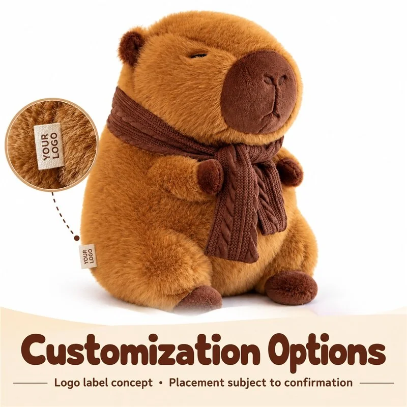 Customization concept for brown scarf capybara plush; feasibility and sample approval required.