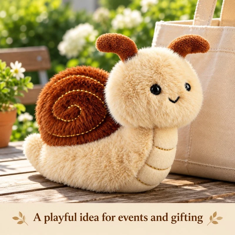 Illustrative application scene featuring brown shell snail plush toy; setting is a concept.
